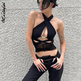 Out Sleeveless Tank Top Women Camisoles Black Top Streetwear Outfits Solid Slim Cross Neck Crop Top Female Summer