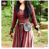Fongt Autumn And Winter Women Solid Color Waist Long Sleeve Dress Retro National Style Collar