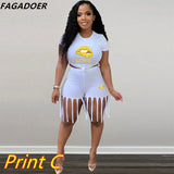 Tie Dye Casual Two Piece Set Plus Size Shorts Set Women Long Sleeve Crop Top Tassel Shorts Sport Traeksuits