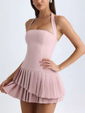 Fongt Style Dress Women 2025 Spring New Temperament Elegant Hanging Neck Sleeveless Solid Color High-Rise 100-Folded