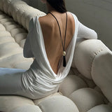 Fongt Autumn New Sexy Big Show Back Solid Color High Waist Temperament Slim Long Sleeve Dress