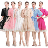 Fongt New Famous Summer Retro Collar Single Buckle Lace Lantern Sleeve Dress