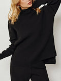 Women Knitted Suit Warm Solid Split Pullovers and Wide Pants Two-piece Suit Female Half Turtleneck Oversize Tracksuit-Outfit