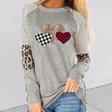 Fongt Women's Valentine's Day New Long-Sleeved Splicing Hot Casual T-Shirt Round-Neck Loose Top