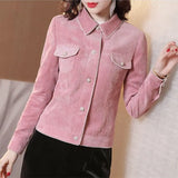 Spring Autumn Pink Corduroy Short Jacket Women Small Coat Nail Bead Single-breasted Casual Outerwear Lady Tops With