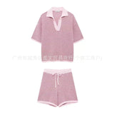 Fongt Shirt Loose Blouse Draw Rope Shorts Knitted Women's Two-Piece Fashion Casual