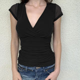 Solid Color Deep Cross V-Neck Short Sleeve Tee-Outfit