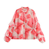 Fongt Summer French Commuting Wind Tie Dye Floral Print Collar Long-Sleeved Loose Shirt