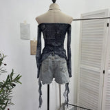 Fongt Shot Raging Butterfly Embroidery Y2k Babes Punk Word Shoulder Tie-Dye Mesh T-Shirt With Short Top 1319