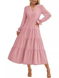 Fongt Autumn Long Dress Long Sleeve V-Neck Layered Lotle Leaves By The A-Line Cocktail Party