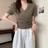 Fongt V-Neck Short-Sleeved T-Shirt Women 2024 Summer New Design Sense Slim Slim Short Students Slim Jacket