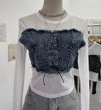 Vintage Babes Cowboy Spliced Tiring Strapped With Long Sleeves Short Mesh T-Shirt