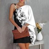 New Wish Women's Print Sexy Diagonal Collar Off The Shoulder Dress S-Outfit