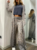 Women's Long sleeved Casual Style Polyester Material 2024 New Fashion Leopard Pattern Cardigan Coat Long Pants Set-Outfit
