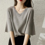 Summer Knitting Shirt Petal Sleeve V-neck Top Loose Short Sleeve Ice Silk Sweater Thin Style Women's Fashion Shirt