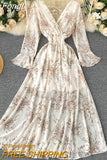 Women Sexy Boho Dress New 2023 Spring Autumn Long Sleeve V Neck Backless Long Dresses Ladies Vintage Floral Printed