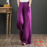 Fongt Linen Large-Size Broad Leg Trousers Women's Rope Loose Waist Cotton Spring And Summer Women's Trousers Loose Cotton Thighs Summer