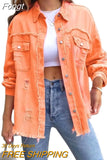 Holes Raw-edges Denim Jacket Women Spring Autumn Shirt Style Jeancoat Casual Top Rose-Red Orange Purple Outerwear Lady