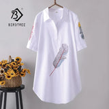 Arrival Women Feather Embroidery Long Cotton White Blouse Summer Short Sleeve White Female Shirt Turn-Down Collar Top