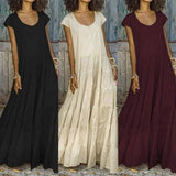 Elegant Women Short Sleeve Ruffles Dress Summer Solid Cotton Linen Sundress Femme Robe Party Long Vestido Loose