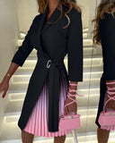 Style Women's V Neck Fashion Strap Waist Sleeve Pressure Pleated Dress-Outfit
