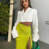 Solid Drawstring Lace Up Ruched High Waist Satin Midi Skirt Slit Bodycon Sexy Streetwear 2021 Autumn Winter