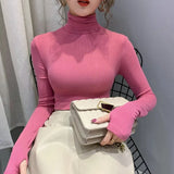 thick t shirt female full hooking sleeve velvet T-shirt girls slim stretchy solid tshirts woman turtleneck tops-Outfit