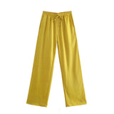 Women Simply Solid Green Color Pockets Casual Straight Pants Female Chic Elastic Waist Lace Up Summer Long Trousers