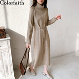 New 2020 Autumn Winter Women Dresses Turtleneck Drawstring Oversize Korean Split Knitted Elegant Long Dresses