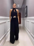 Fongt Summer New Fashion Round Collar Harness Waist Solid Color Wide Leg One-Piece Trousers Women-Outfit