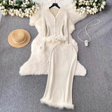 Fongt High-End Small Fragrant Style Two Sets Of Women's Atmosphere Knitted Open Fork Shirt T-Shirt
