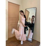 Pink Maxi Dress Women Vacation White Ruffles One Pieces Long Dresses Summer Sexy Strap Robe Korean Beach Bodycon Vestidos-Outfit