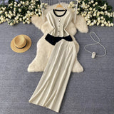 Fongt Sense Of The Color Short Sleeve Knitted Cardigan Top + High Waist Long Skirt Summer Wearing Two Sets