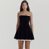 Autumn and Winter Strapless Velvet Dress Elegant Lace Up Bodycon A Line Christmas Party Dresses Female Fully Lined-Outfit