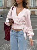 Fongt V-Neck Knitted Shirt Autumn And Winter Irregular Strap Elegant Short Top Lady