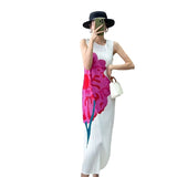 Fongt Folded Mountain Tea Printed Sleeveless Dress Female High-End Temperament Slim Thin Round Neckless Vest Skirt