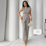 Fongt Summer New Solid Color Round Collar Sleeveless Top High Waist Broad Leg Pants Two Sets Of Women
