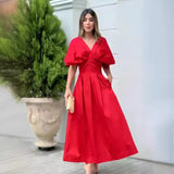 Fongt Summer New Solid Color Princess Sleeve High Waist Temperament Elegant Big Hem Long Dress-Outfit