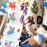 Fongt Women's New Temperament Commuting Print Collar Single Buckle Lantern Sleeve Lady Shirt Women