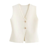 Fongt Women's Solid-Colored Gold Button-Wear Knitted Vest Top