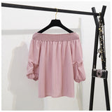 Summer two piece set New Off Shoulder Loose Half Lantern Sleeve Solid Cute Blouse Jean Shorts Two-Piece Outfit Casual