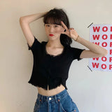 Fongt Retro Girl Soft Lace Collar Knitted Jersey High-Waisted Short-Sleeved T-Shirt