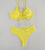Fongt New Multi-Color Pure Color Lace Hanging Neck Bow Split Swimsuit Women's Feel