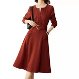 Fongt And Autumn 2025 Luxury Temperament Orange Red Design Sense V Collar Long-Sleeved Dress Elegant Commute Fashion Long Dress