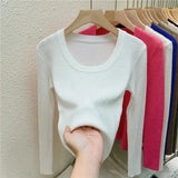 Photos U-neck Knitted Sweater For Women's Autumn Long Sleeved Top Girls Simple Base Jumper GT8311-Outfit