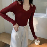 Fongt Up Spring And Autumn New Chic Sexy Chest Thin Hanging Neck Two Long-Sleeved Knitted Jersey Jersey Elastic