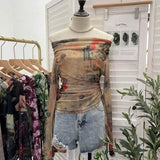Fongt Graffiti-Printed Shoulder-Threin Mesh Long-Sleeved Blouse Side Drawstring Tethered With Slime T-Shirt 8959