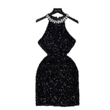 Fongt Luxury Thousand Gold Wind High-End Hanging Neck Dress Women's Summer Glide Diamond Design Niche Temperament Ass And Hip Skirts