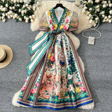 Fongt Court-Styled Dress Women Cross V-Neck Lace Blisters Long Dress