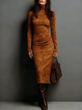 Fongt Retro High-Necked Dress In Autumn 2025 Solid Color With Low-Sleeved Dress